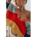 Colorful Wide Stripe V-Neck Drop Shoulder Long Sleeve Ripped Raw-Cut Trim Loose Fit Pullover Sweater