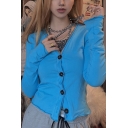 Womens Casual Blue V Neck Long Sleeve Stringy Selvedge Trim Button Down Fitted Cardigan Top