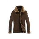 Men Casual Applique Printed Long Sleeve Faux Shearling Lined Zipper Slim Brown Thermal Suede Jacket