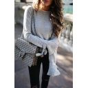 Womens Popular Plain Gray Tied Bell Long Sleeve Rabbit Knitted Pullover Sweater