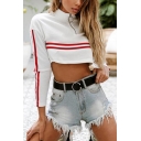 Womens Stylish Stripe Tape Patchwork Long Sleeve Half Zip Stand Collar Loose Cropped Sweatshirt