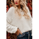 Womens Fashionable Pompom Embellished Long Sleeve Loose Fit Casual Knitted Pullover Sweater