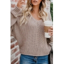 Womens Simple Solid Color V-Neck Long Sleeve Oversized Purl Knit Pullover Sweater