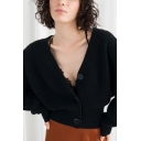 Female Vintage V-Neck Balloon Sleeve Button Down Relaxed Loose Solid Knitted Cardigan Coat