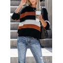 Womens Fashion Colorblock Stripes Button Decoration Long Sleeve Loose Commuting Pullover Sweater