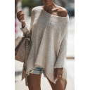 Womens New Fashionable Plain Long Sleeve Slit Dipped Hem Oversized Pullover Batwing Sweater