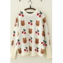 Winter Lovely Cherry Bear Cartoon Printed Long Sleeve Round Neck Baggy Knitted Pullover Sweater for Girls