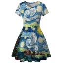 Popular Oil Painting Whirlpool Moon Starry Night 3D Printed Crew Neck Short Sleeve Midi T-shirt Dress