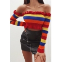 Womens Sexy Colorful Striped Off Shoulder Long Sleeve Stringy Selvedge Crop Sweater Top