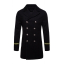 Mens New Trendy Lapel Collar Stripe Long Sleeve Double Breasted Mid-Length Wool Pea Coat