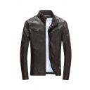 Mens Fashion Plain Stand Collar Long Sleeve Zipper Embellished Slim Fit Lightweight PU Leather Jacket Coat