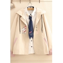 Japanese Letter Cats Printed Hidden Zip Closure Long Sleeve Apricot Loose Fit Casual Hooded Jacket Coat