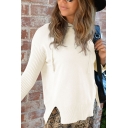 Womens Stylish Button Embellished Long Sleeve Side Split Casual Simple Pullover Sweater