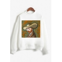 Unisex Popular Character Oil Paint Letter Printed Mock Neck Casual White Loose Sweatshirt
