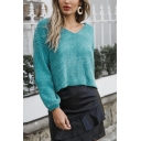 Womens Stylish Blue Purl Knit V Neck Long Sleeve Short Loose Pullover Sweater