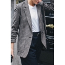 Womens Retro Dark Gray Houndstooth Printed Long Sleeve Single Button Wool Blazer Coat