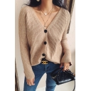 Womens Stylish V-Neck Long Sleeve Button Front Loose Fit Ribbed Knit Solid Cardigan Coat