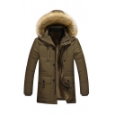 Winter Warm Plain Coffee Long Sleeve Flap Pocket Zip Up Fur Trimmed Hood Longline Down Coat