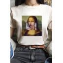 White Funny Popular Character Painting Panel Print Short Sleeve Casual T-Shirt