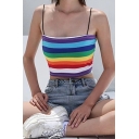 Girls Fashionable Rainbow Stripes Printed Spaghetti Strap Cropped Camisole Tank