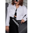Womens Classic White Plaid Printed Long Sleeve Single Breasted Flap Pocket Cropped Jacket