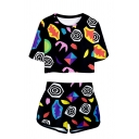 Cute Geometric 3D Printed Round Neck Short Sleeve Crop Top Teen Track Suit with Jogger Dolphin Shorts