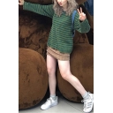 Girls Simple Dark Green Striped Printed V-Neck Long Sleeve Loose Fit Casual Pullover Sweater