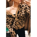 Womens Fashion Brown Leopard Long Sleeve Button Down Loose Fit Cardigan Coat