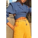 Womens Sexy Blue Long Sleeve Cutout Back False Pocket Detail Designer Criss Cross Wrap Cropped Blazer Jacket