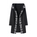 Womens Stylish Black Punk Moon Print Long Sleeve Open Front Hooded Gothic Maxi Cardigan Coat