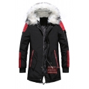 Winter Fur Trimmed Hood Colorblock Panel Long Sleeve Split Back Zip Placket Casual Longline Parka Coat