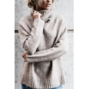Womens Chic Solid Color Roll Neck Side Split Loose Fit Khaki Casual Mohair Knitted Pullover Sweater