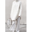 Womens Exclusive Plain Turtle Neck Long Sleeve Curved Hem Waffle Knitted Longline Pullover Sweater