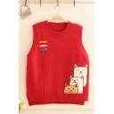 Juniors Cute Cats Embroidery Round Neck High Low Hem Oversized Pullover Knit Vest