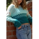 Womens Fashionable Color Ombre Long Sleeve Round Neck Relaxed Short Pullover Sweater