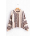 Womens Fashion Diagonal Stripes Printed Long Sleeve Crew Neck Casual Knitted Pullover Sweater