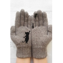 Girls Casual Cute Cartoon Cat and Fish Printed Warm Knit Gloves