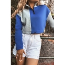 Fashionable Color Block Stand Collar Long Sleeve Half Zip Drawstring Hem Two-Tone Cropped Sweatshirt