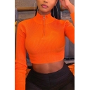 Womens Plain Sexy High Neck Long Sleeve Half-Zip Ribbed Knit Bodycon Crop Pullover Sweater Top