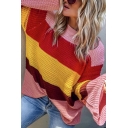 Womens Stylish Contrast Color Striped Printed Bell Long Sleeve Oversized Pullover Knitted Sweater