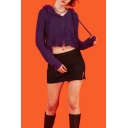 Womens Simple Plain Pompom Drawstring Hood Long Sleeve Button Front Crop Knitted Cardigan Hoodie