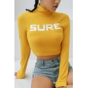 Girls Simple SURE Letter Printed High Collar Long Sleeve Slim Cropped Knit Pullover Sweater Top