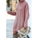 Womens Fashionable Pink Solid Color Long Sleeve Turtleneck Longline Loose Fit Sweater Midi Dress
