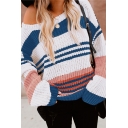 Ladies Fashionable Multi Stripe Crew Neck Loose Fit Chunky Pullover Sweater