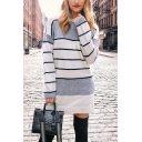 Womens Simple Stripe Printed Crew Neck Long Sleeve White and Gray Knitted Sweater Dress