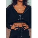 Plain Black Fashionable Long Sleeve Zipper Drawstring Hem Cropped Hoodie