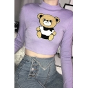 Cute Bear Embroidery Mock Neck Long Sleeve Light Purple Bodycon Crop Pullover Sweater