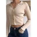 Stylish Womens Solid Color Lapel Collar Button Fly Slim Fit Bodycon Cropped Cardigan Top