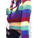 Girls Simple Rainbow Striped Printed High Neck Long Sleeve Stringy Selvedge Trim Cropped Fitted Sweater