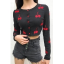 Lovely Cherry Embroidery Round Neck Button Placket Long Sleeve Cropped Slim Cardigan Top